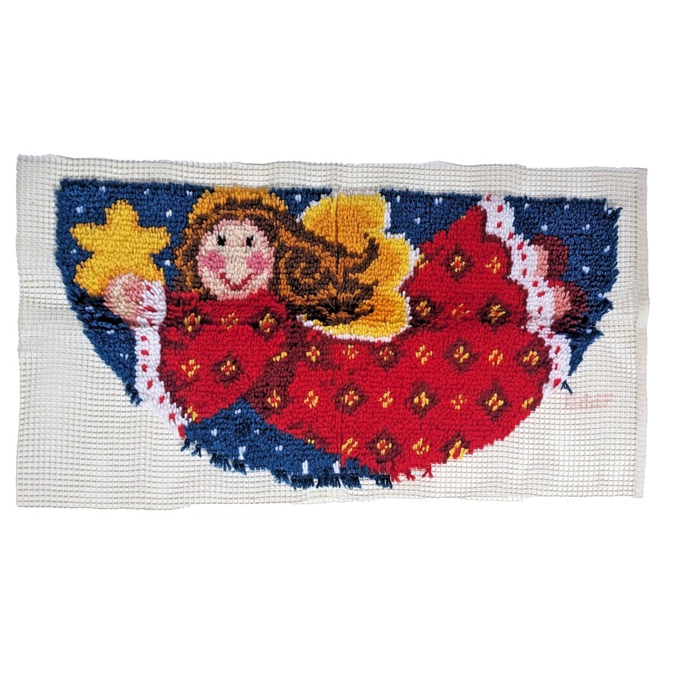 Vintage Finished Latch Hook Rug Angel Star Christmas Wall Hanging Holiday Decor